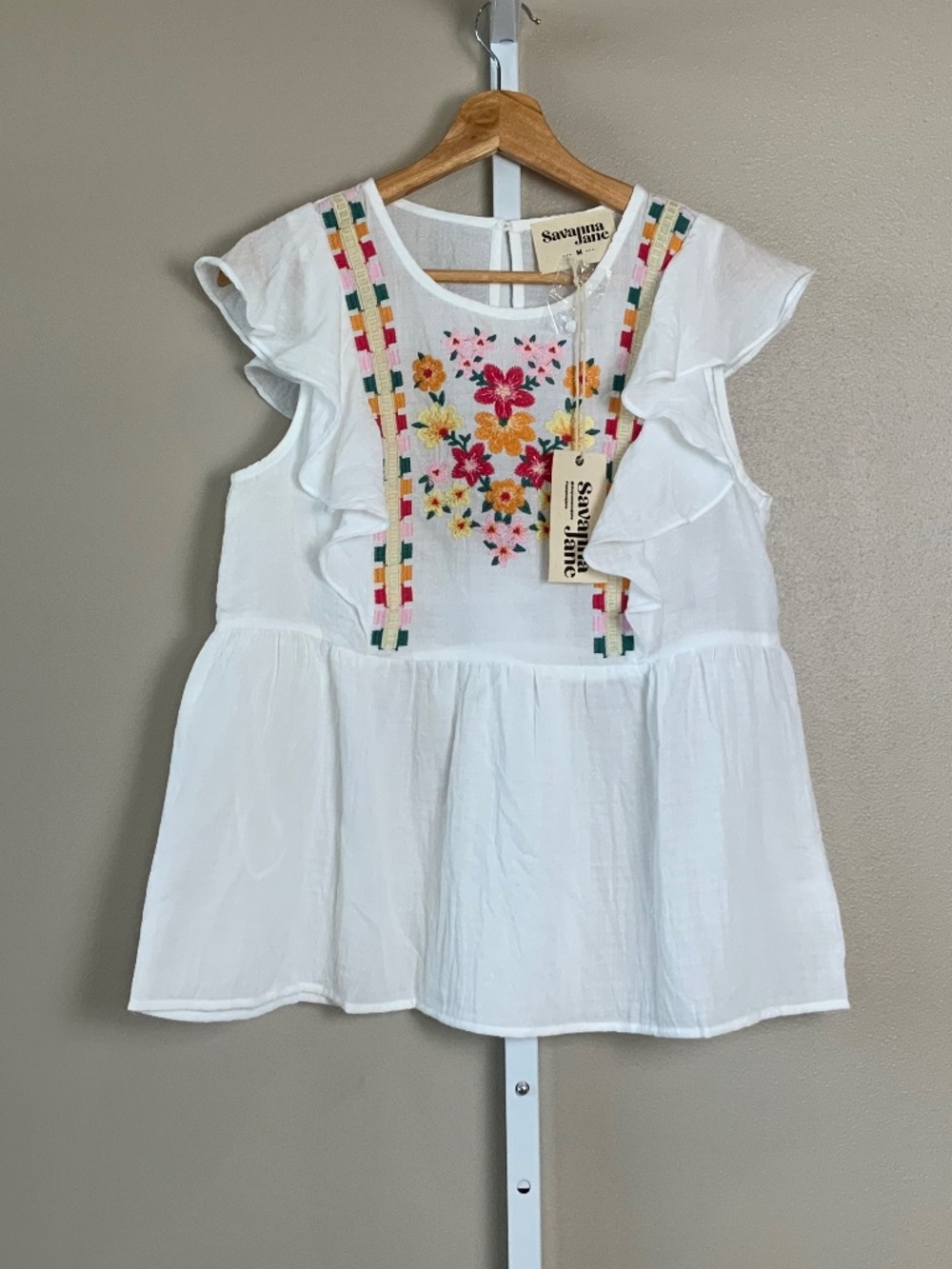 Savanna Jane Floral Embroidered Ruffle Flutter Sleeve Top
